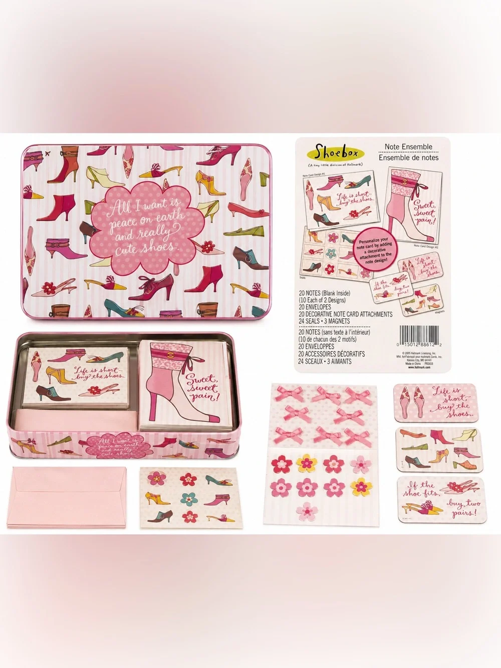 Vintage 2005 Hallmark Shoebox Shoe Lover Note Card Set Tin Magnets Seals NOS